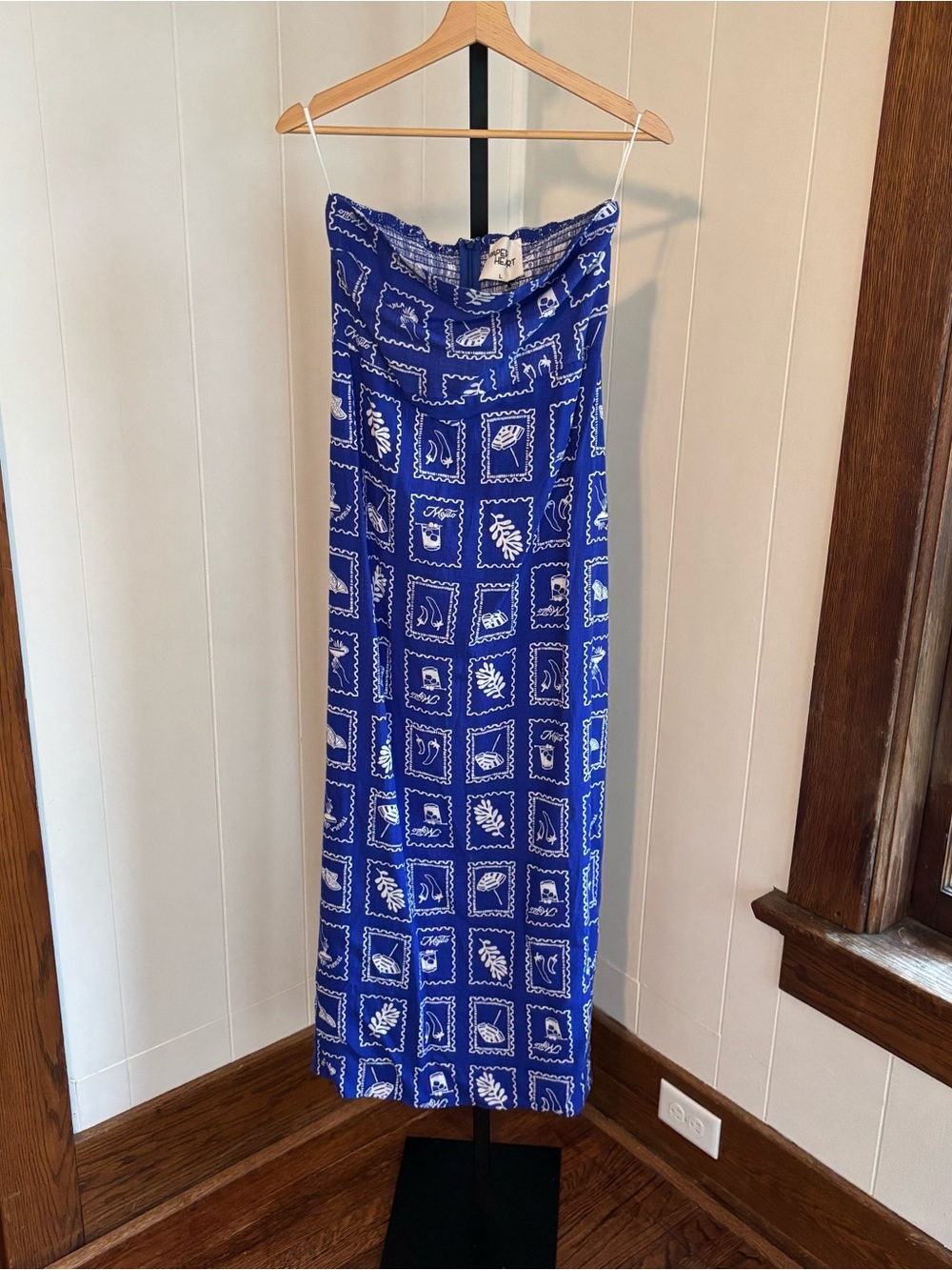 Paper Heart Sicily Coastal Maxi Dress Blue Strapless Linen Blend Womens L NWT